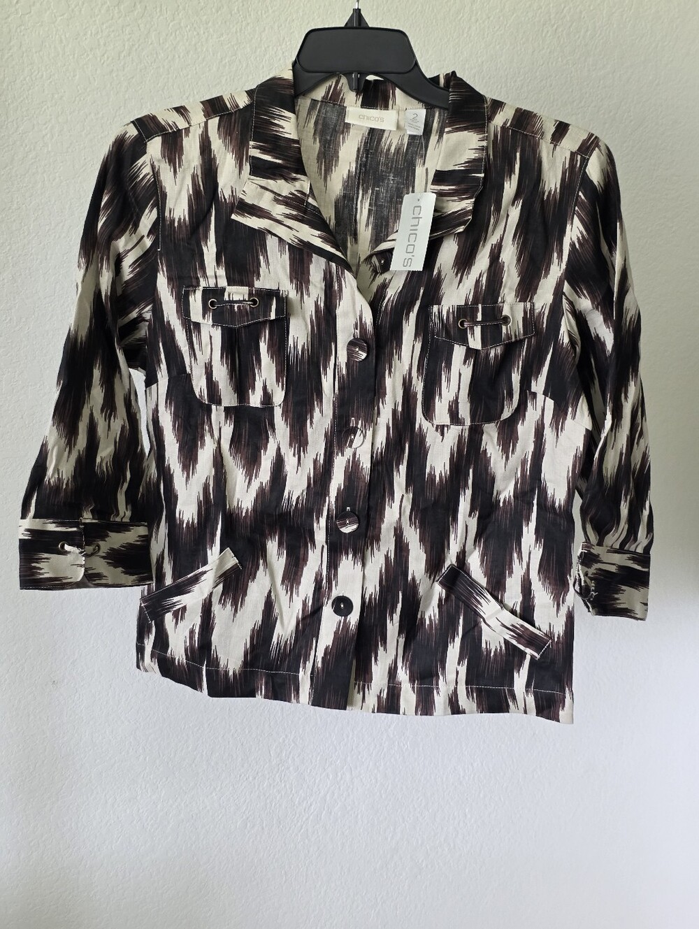 Chico’s Size 2 Luda Shacket 100% Linen Ikat Print Utility Jacket Large NWT